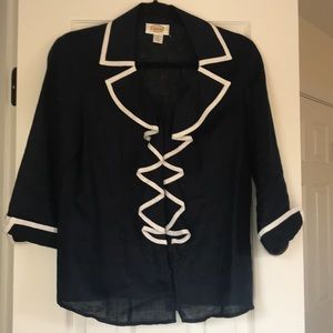 Navy and White Linen Talbots Blouse